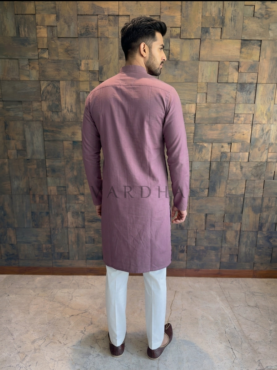 Dusty Wine Cotton Kurta with Scalloped Gold Zari Placket
