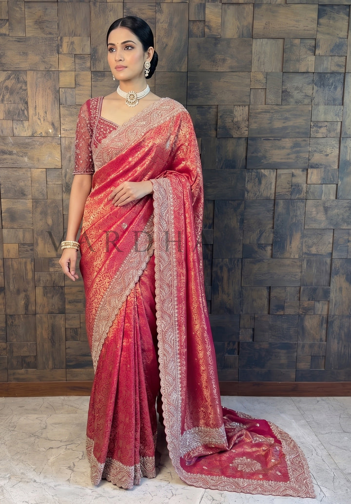 Pink Kanjivaram Handwork Saree with Gold Zari Jaal &amp; Scalloped Zircon Border