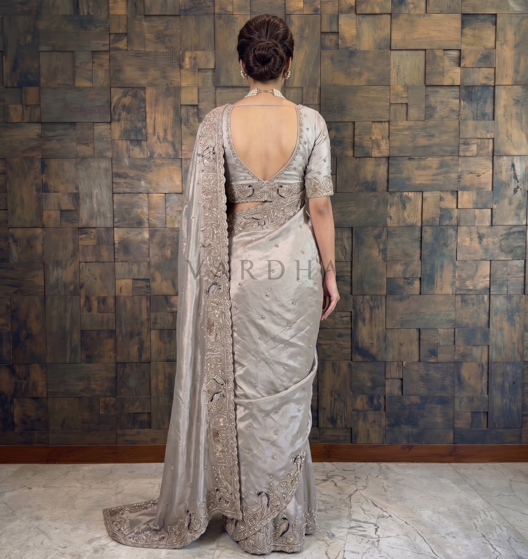 Grey Tissue Silk Handwork Saree with Heavy Cutdana &amp; Peacock Embroidery