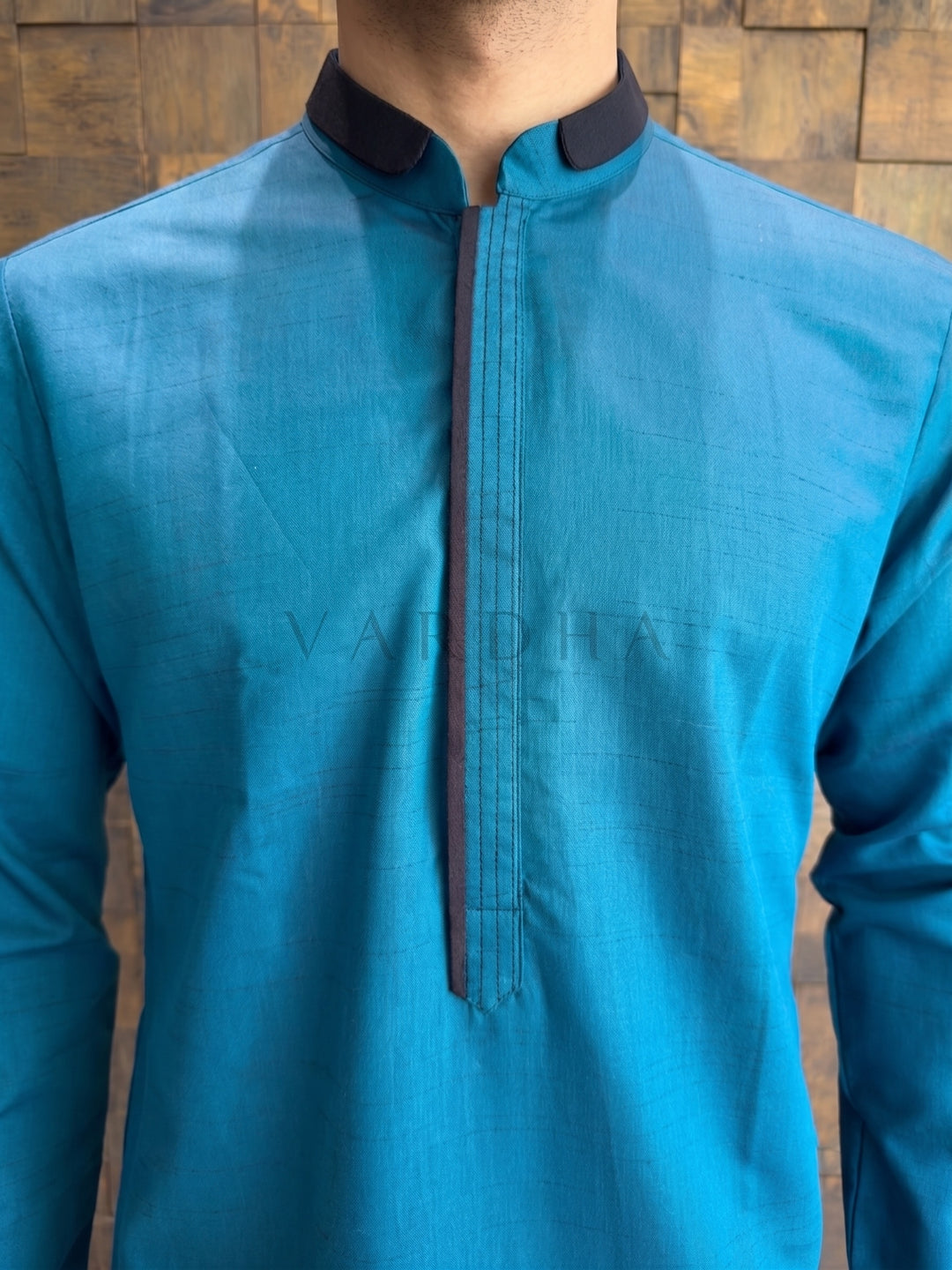 Teal Blue Cotton Kurta with Contrast Collar &amp; Concealed Placket