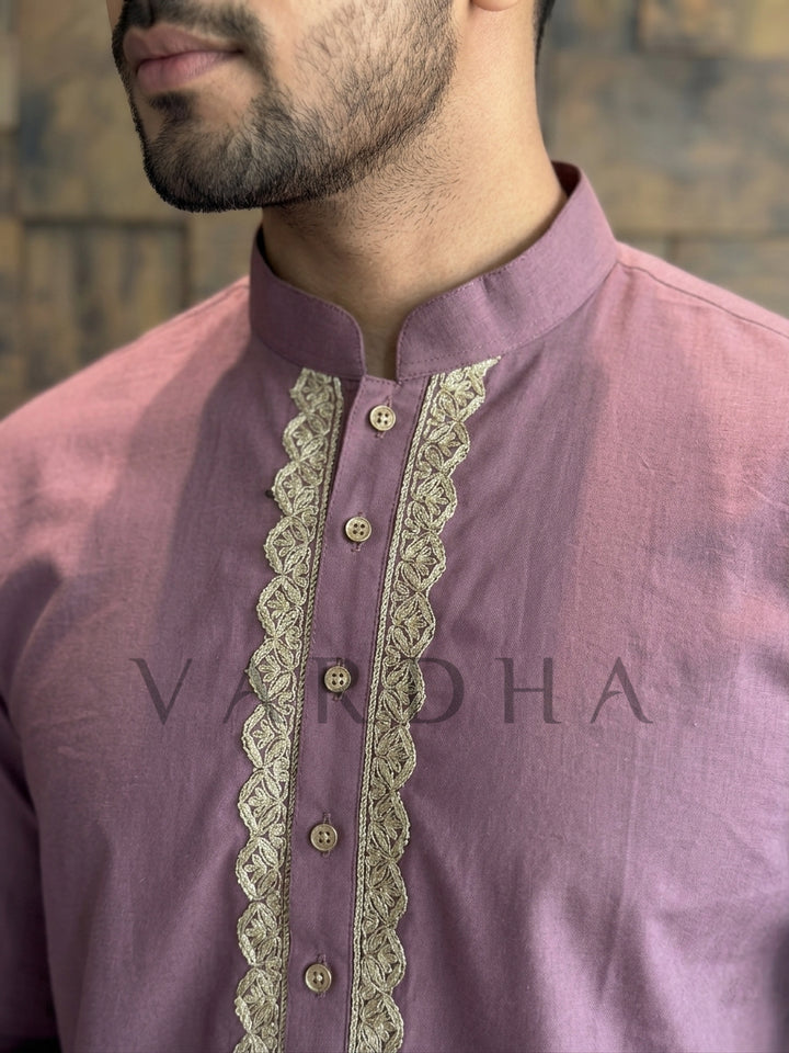 Dusty Wine Cotton Kurta with Scalloped Gold Zari Placket