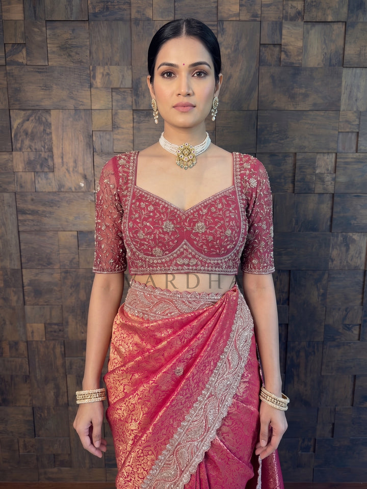 Pink Kanjivaram Handwork Saree with Gold Zari Jaal &amp; Scalloped Zircon Border