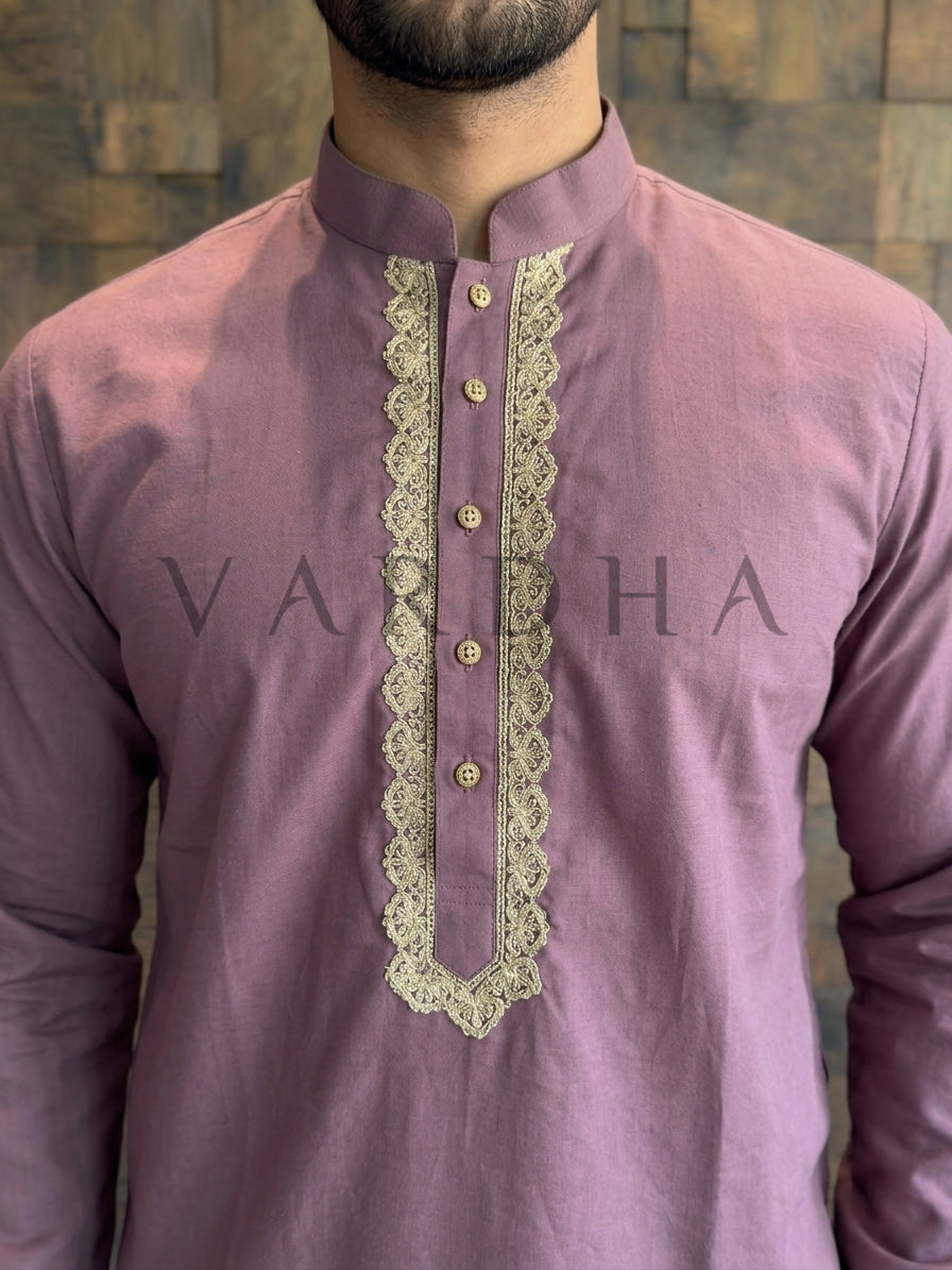 Dusty Wine Cotton Kurta with Scalloped Gold Zari Placket