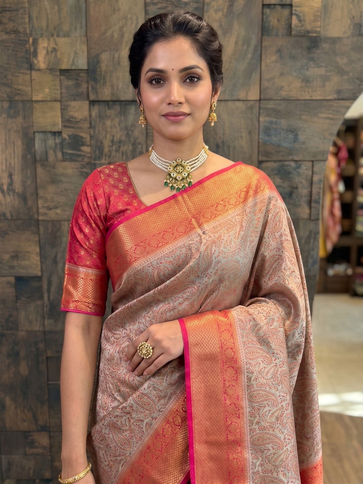 Grey-Red Tanchoi Satin Silk Saree with Zari Work