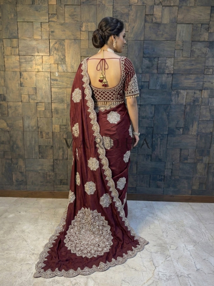 Maroon Satin Crepe Saree with Silver Cutdana &amp; Beads Handwork