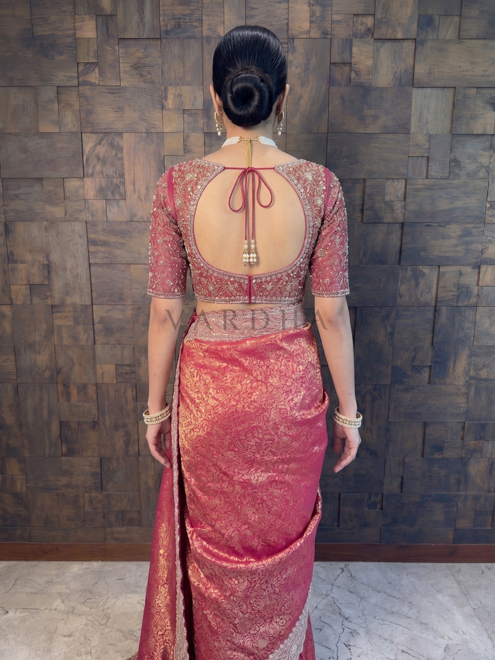 Pink Kanjivaram Handwork Saree with Gold Zari Jaal &amp; Scalloped Zircon Border