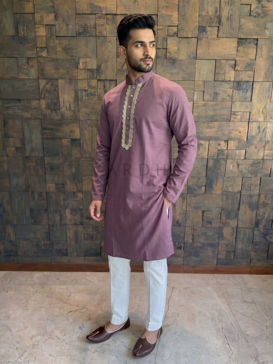 Dusty Wine Cotton Kurta with Scalloped Gold Zari Placket