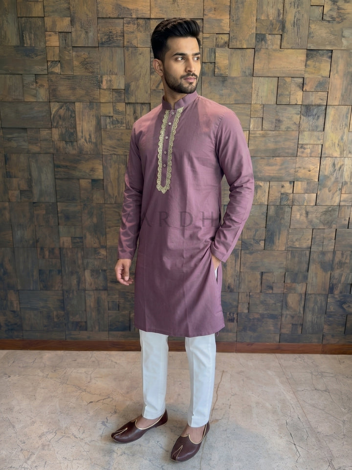 Dusty Wine Cotton Kurta with Scalloped Gold Zari Placket