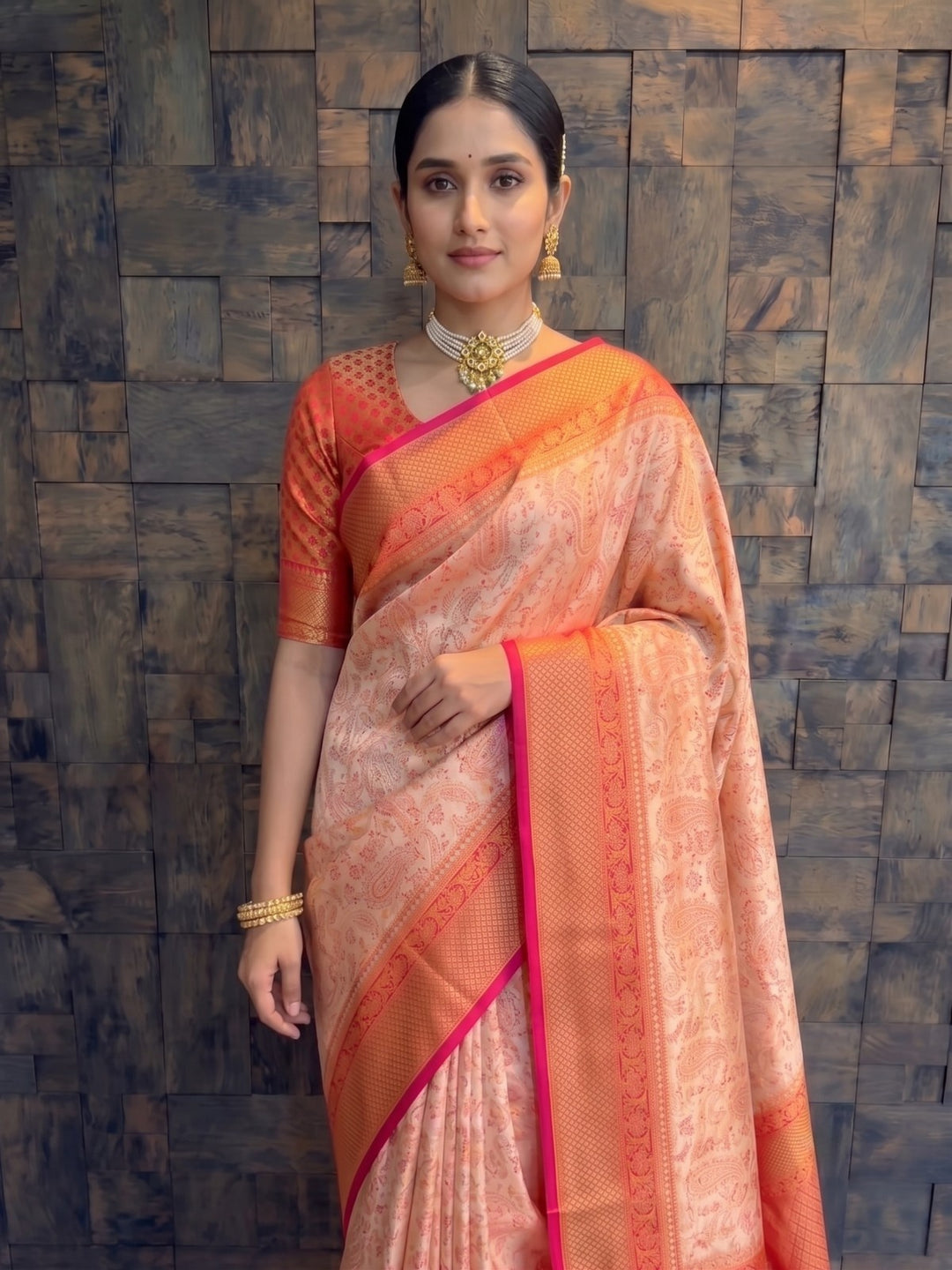 Cream-Red Tanchoi Satin Silk Saree with Zari Work