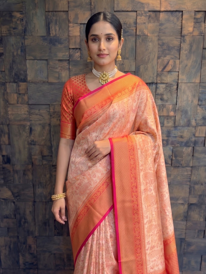 Cream-Red Tanchoi Satin Silk Saree with Zari Work
