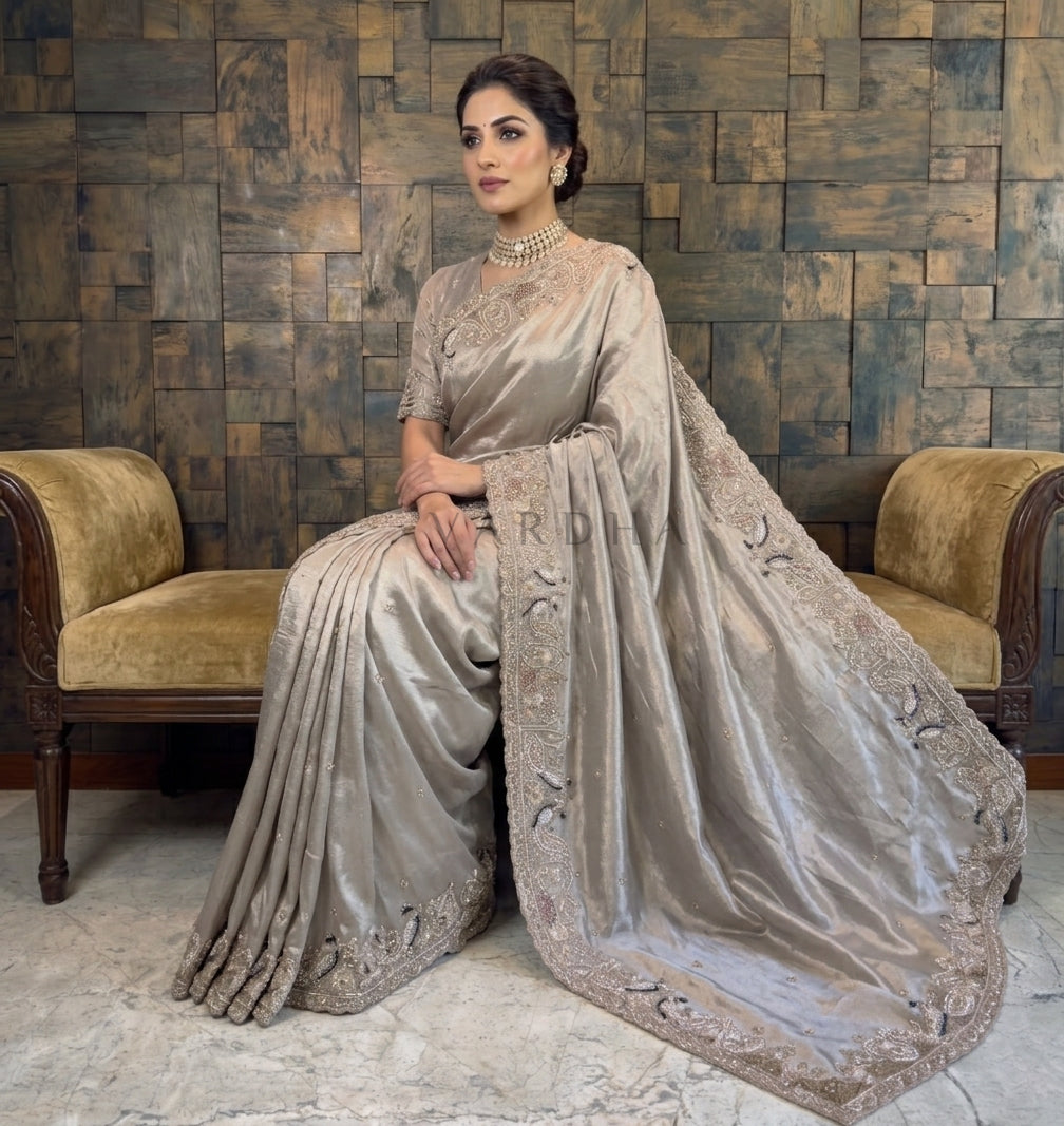 Grey Tissue Silk Handwork Saree with Heavy Cutdana &amp; Peacock Embroidery