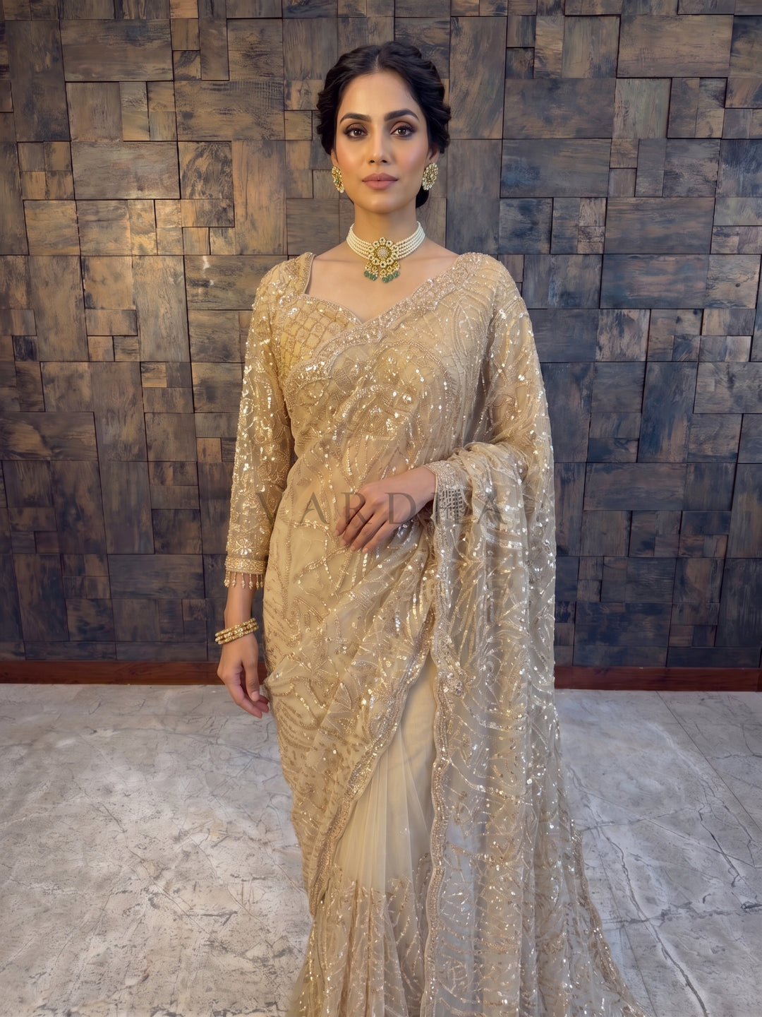 Beige Net Handwork Saree with Heavy Silver Cutdana &amp; Sequin Embroidery