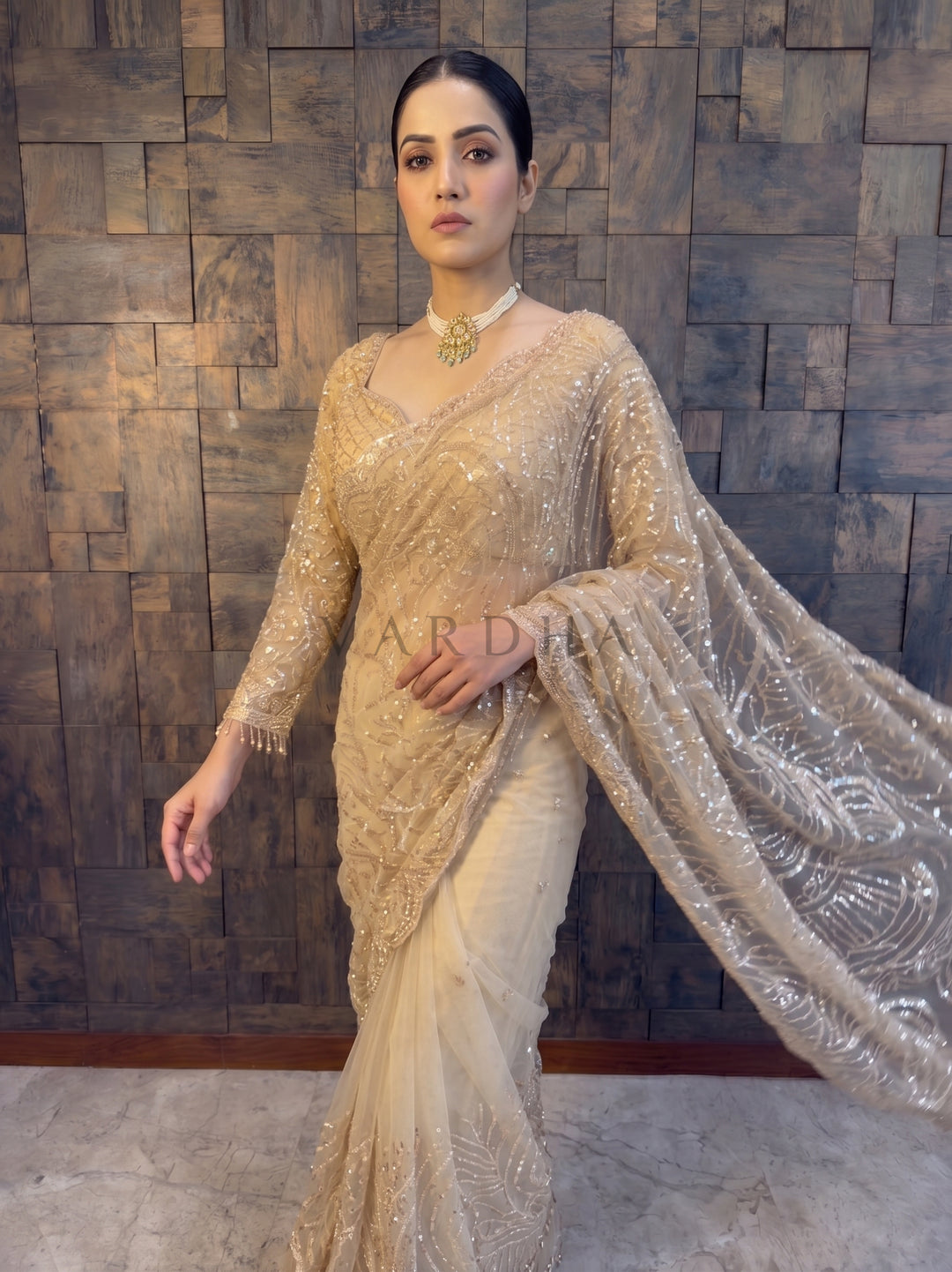 Beige Net Handwork Saree with Heavy Silver Cutdana &amp; Sequin Embroidery