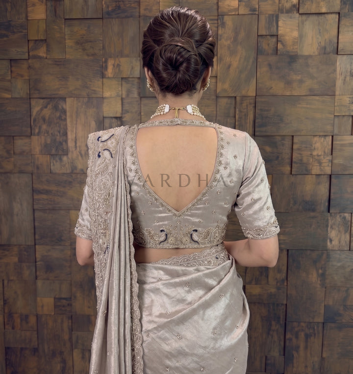 Grey Tissue Silk Handwork Saree with Heavy Cutdana &amp; Peacock Embroidery