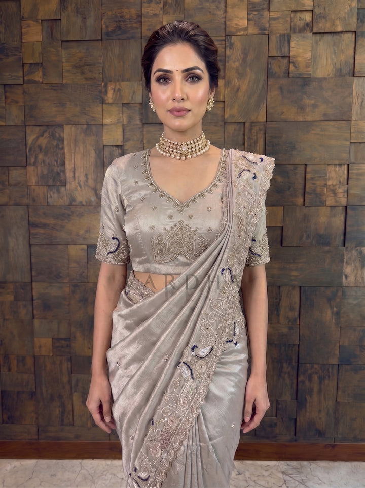 Grey Tissue Silk Handwork Saree with Heavy Cutdana &amp; Peacock Embroidery