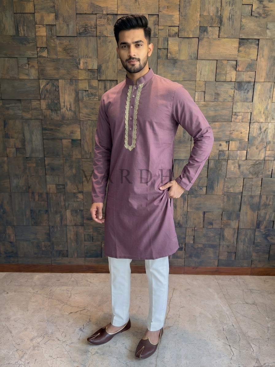 Dusty Wine Cotton Kurta with Scalloped Gold Zari Placket