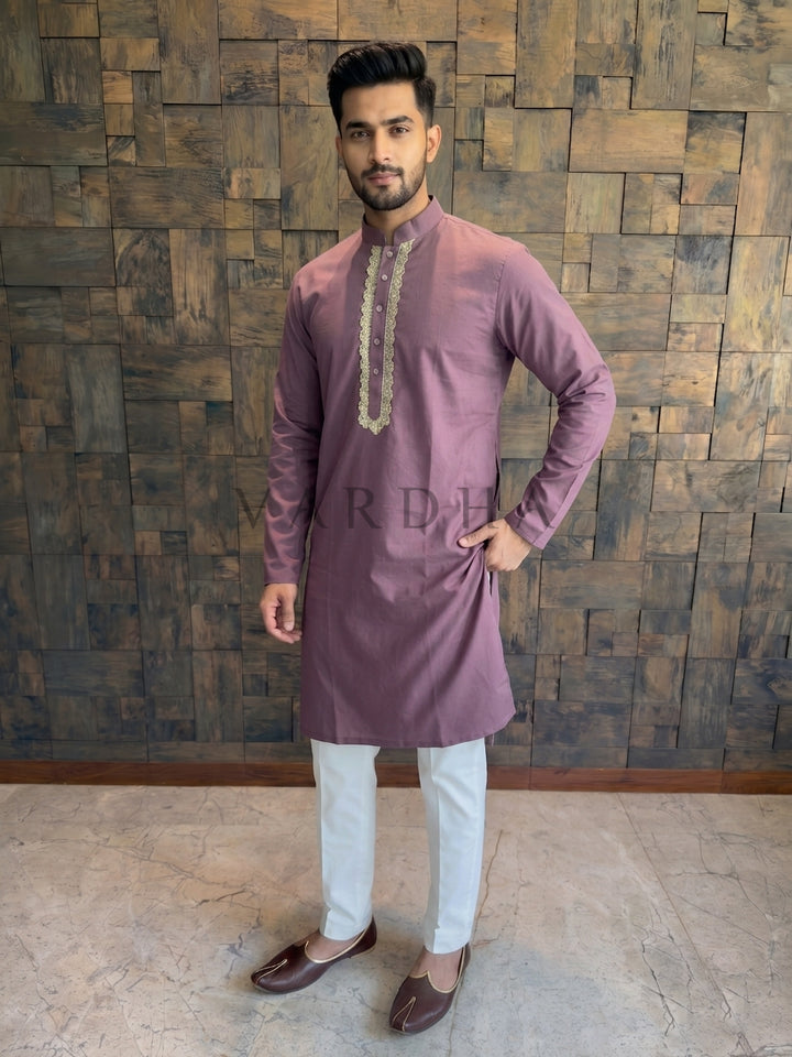 Dusty Wine Cotton Kurta with Scalloped Gold Zari Placket