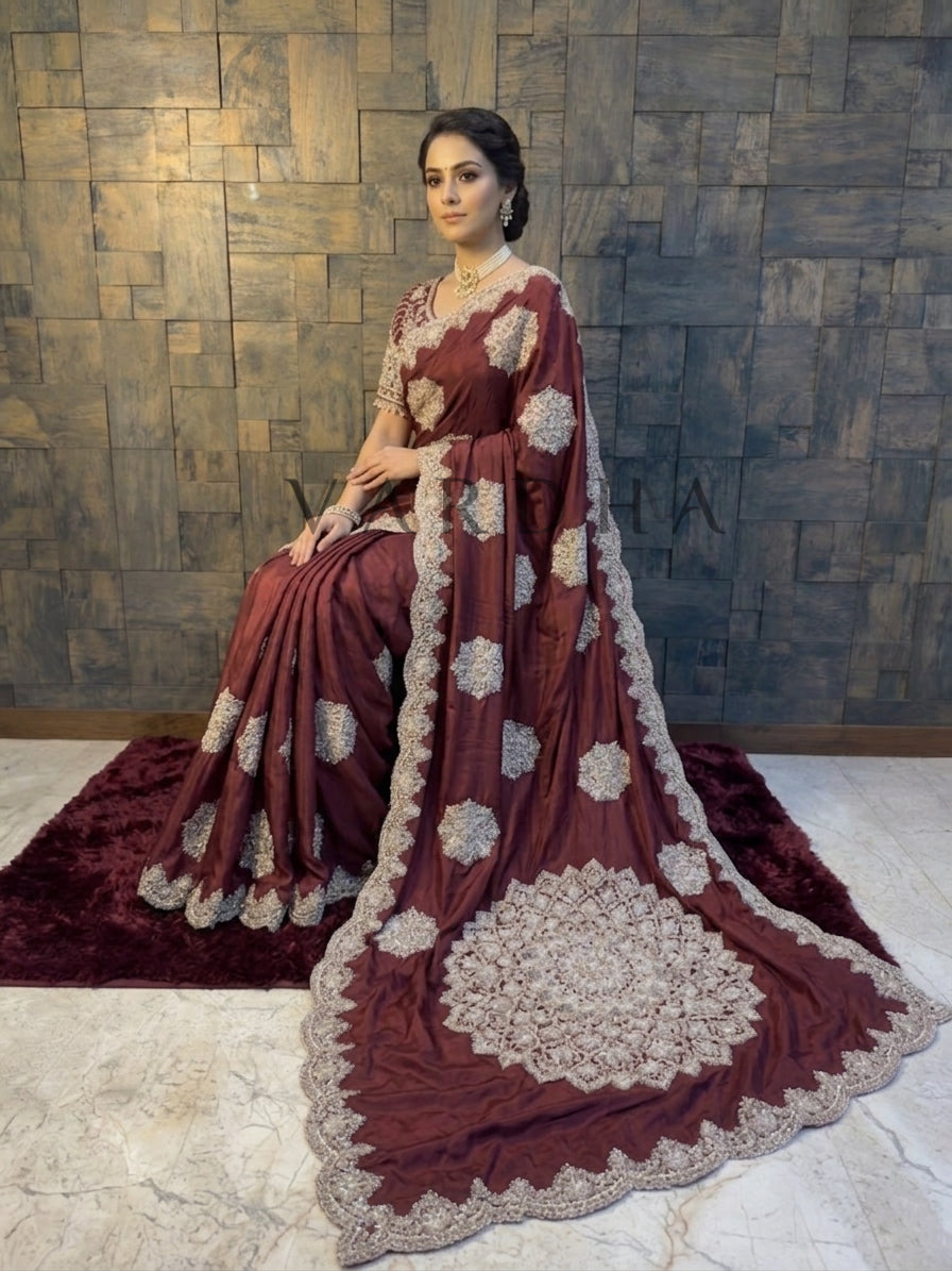 Maroon Satin Crepe Saree with Silver Cutdana &amp; Beads Handwork
