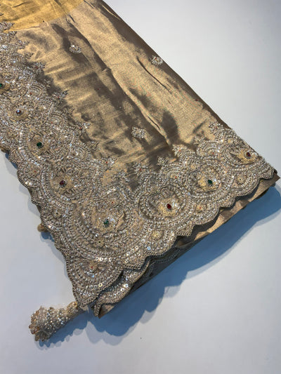 Traditional Kanjivaram Tissue Saree showcasing luxurious shimmer and heritage embroidery design.
