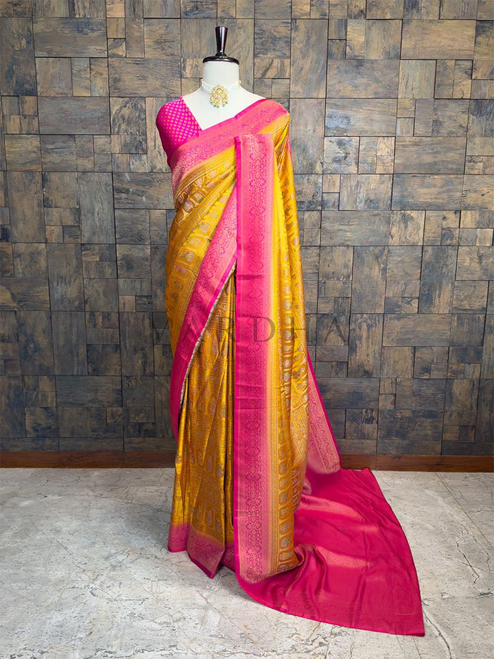 Yellow Pink Woven Kalamkari Art Silk Saree with Zari Work