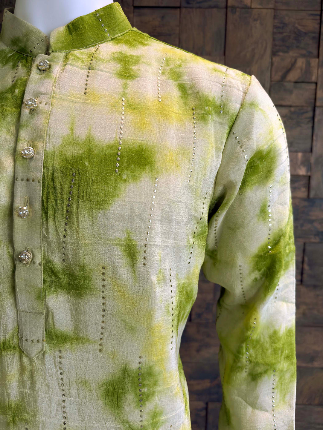 Side view of Designer Tissue Kurta with Sequin Pinstripes and Mandarin Collar.