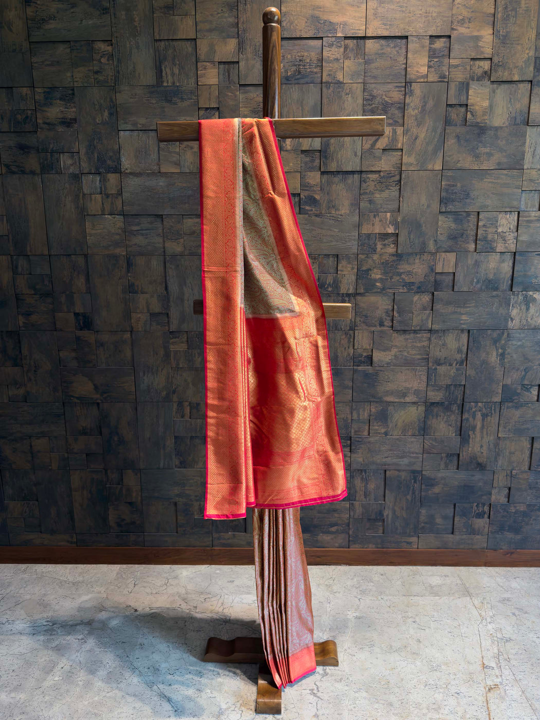Full drape view of Silver Grey and Red Tanchoi Satin Silk saree on mannequin.
