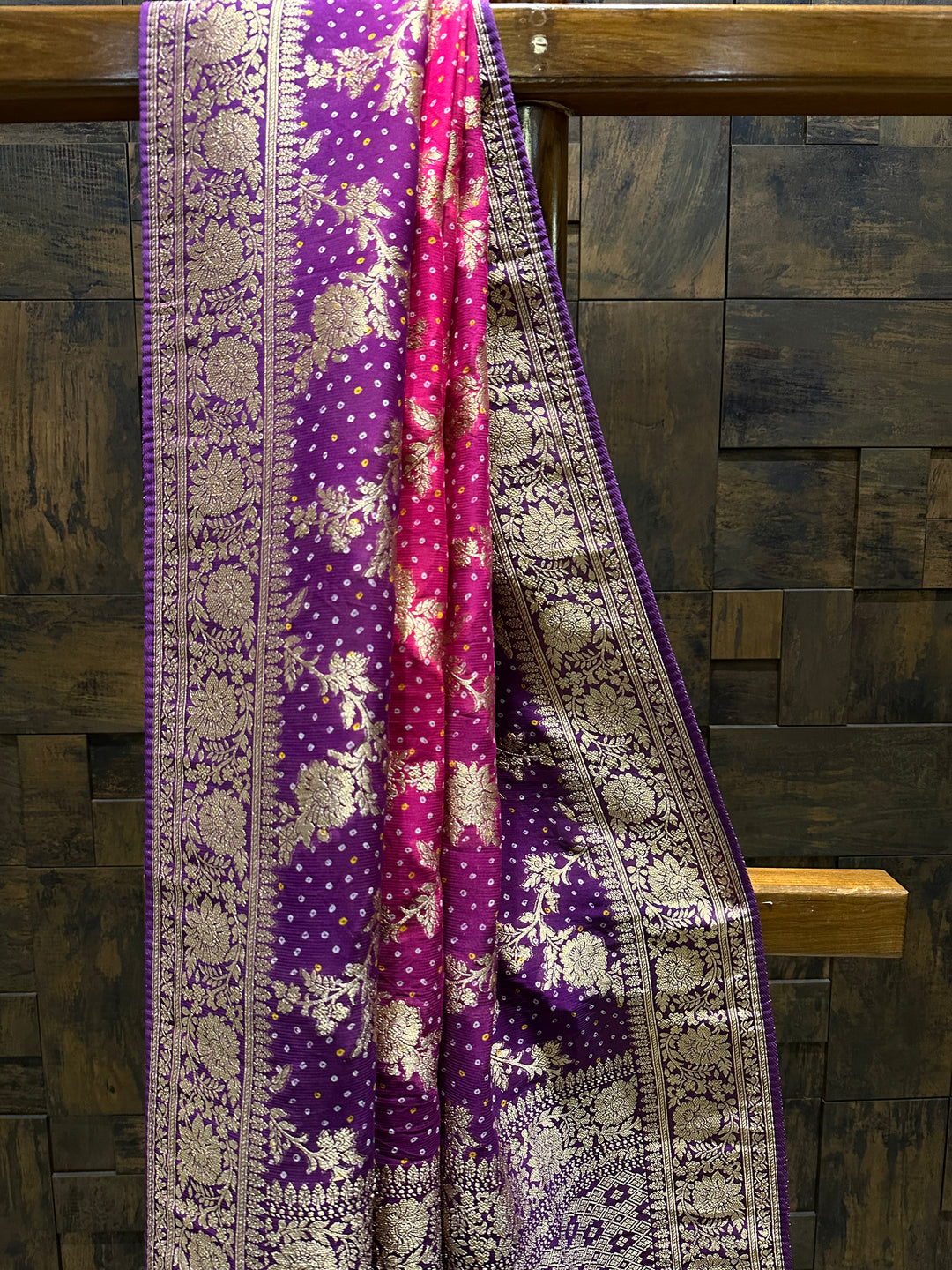 Pink Bandhani Feathersoft Georgette Saree with Gold Zari Weaving