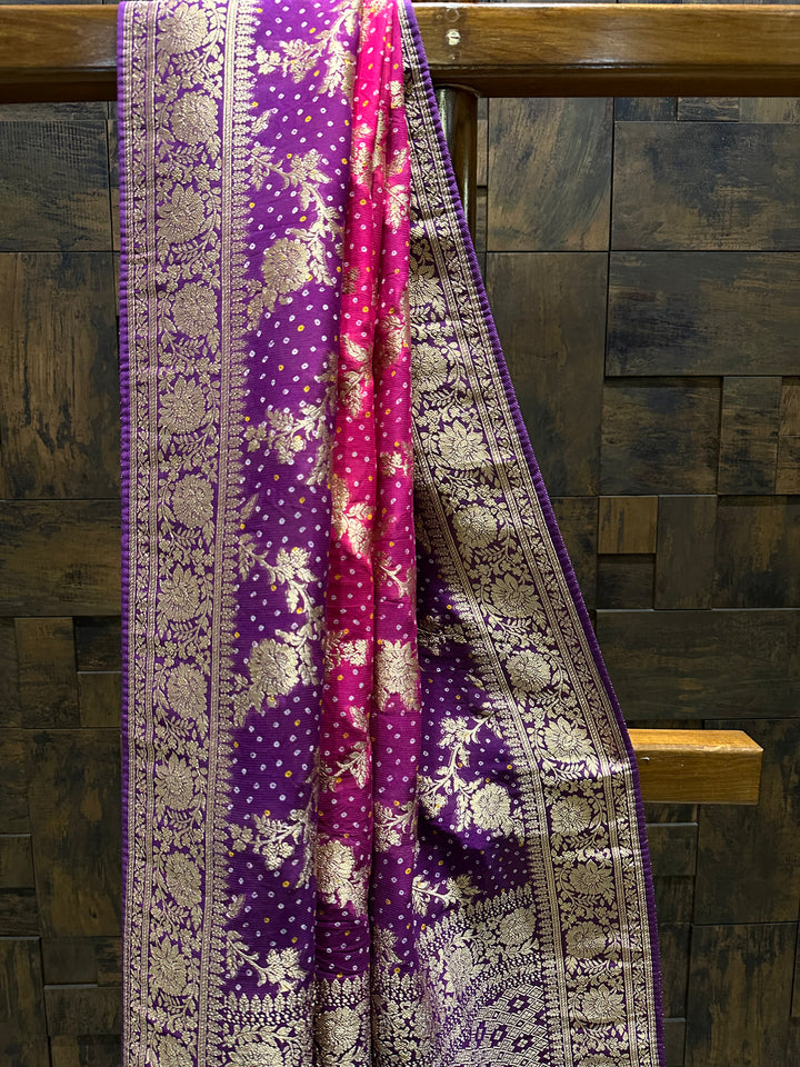 Pink Bandhani Feathersoft Georgette Saree with Gold Zari Weaving
