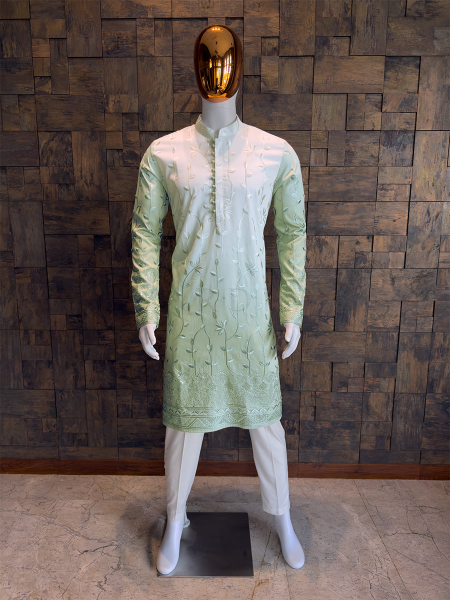 Cream-Pista Viscose Kurta with Leaf Vine Embroidery & Sequins Work