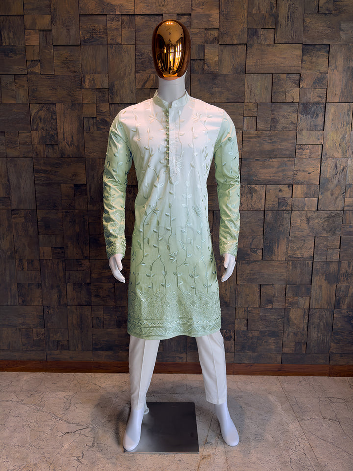 Cream-Pista Viscose Kurta with Leaf Vine Embroidery & Sequins Work