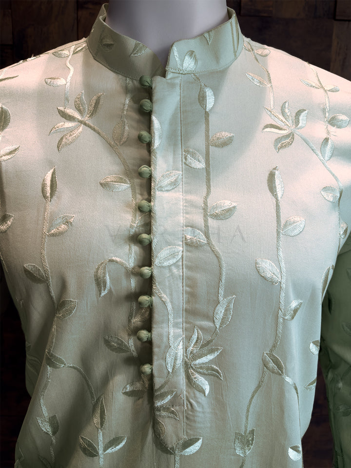 Cream-Pista Viscose Kurta with Leaf Vine Embroidery & Sequins Work
