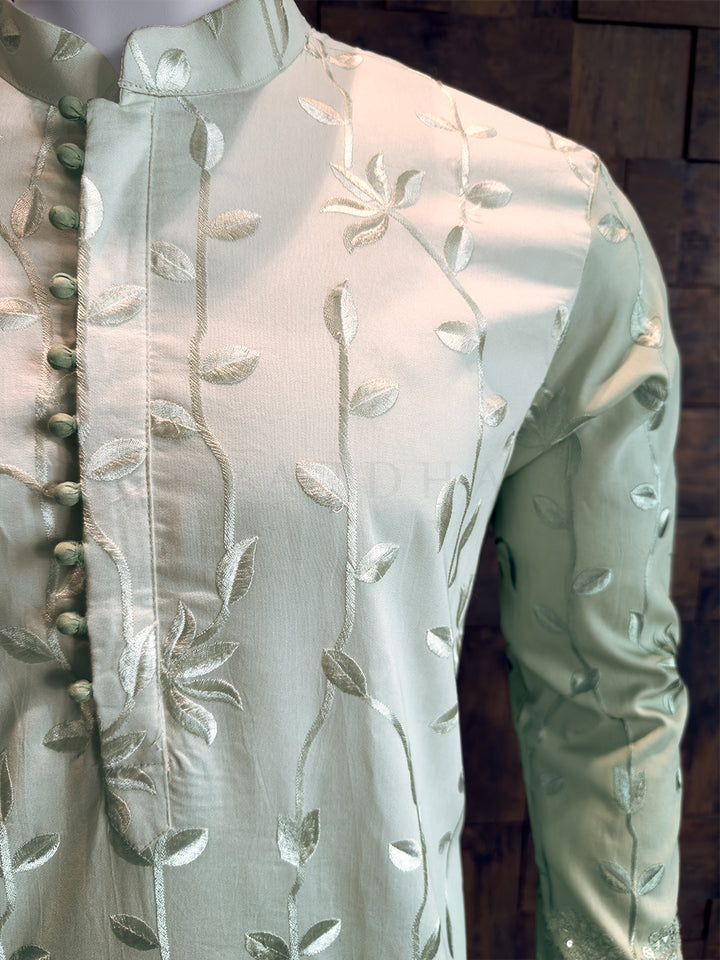 Cream-Pista Viscose Kurta with Leaf Vine Embroidery & Sequins Work