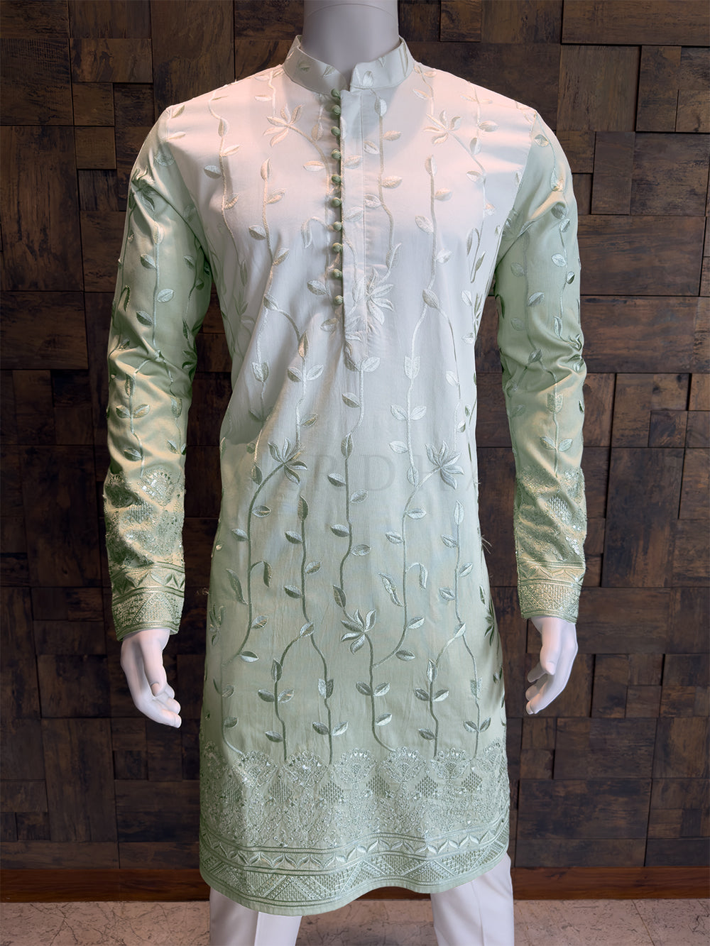 Cream-Pista Viscose Kurta with Leaf Vine Embroidery & Sequins Work