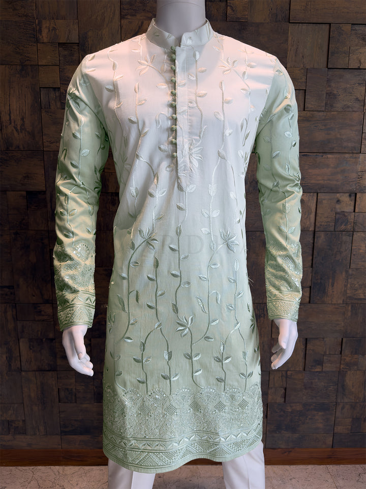 Cream-Pista Viscose Kurta with Leaf Vine Embroidery & Sequins Work