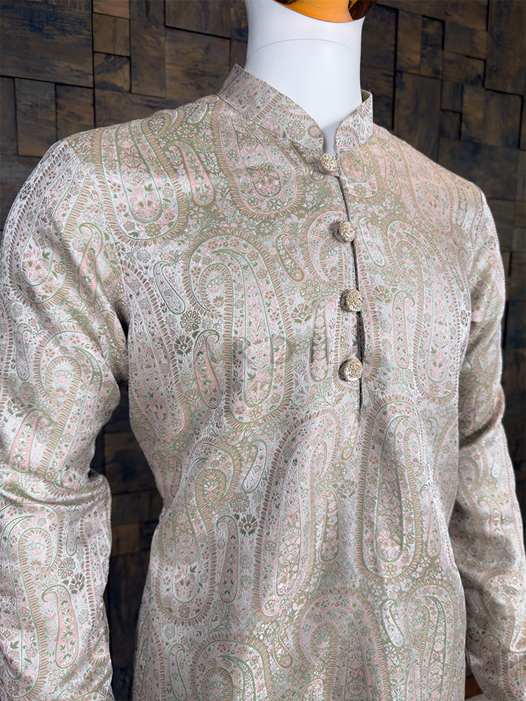 Pastel Grey Art Silk Jacquard Kurta with Woven Paisley Motifs