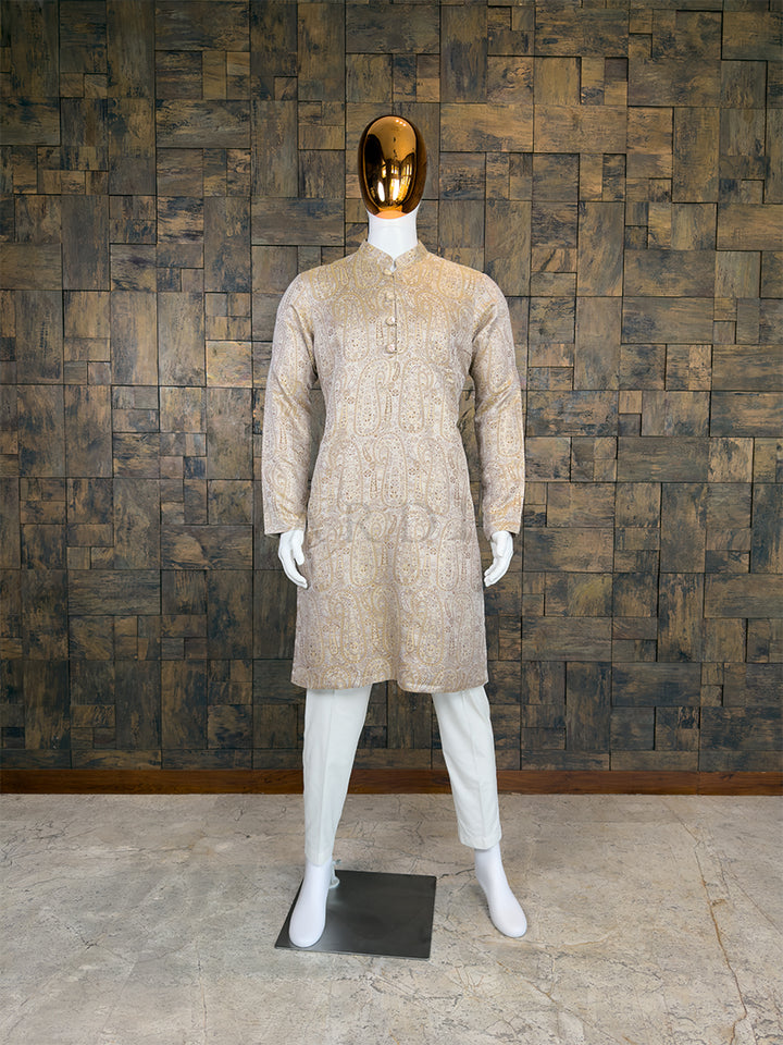 Light Beige Art Silk Jacquard Kurta with Woven Paisley Motifs