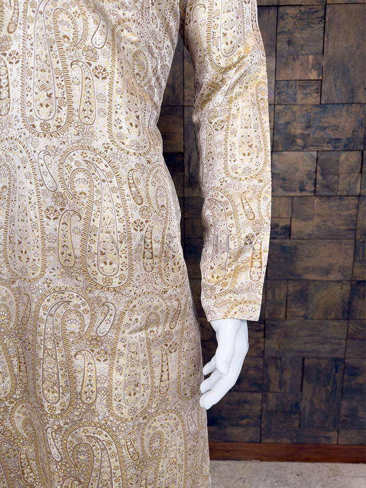 Light Beige Art Silk Jacquard Kurta with Woven Paisley Motifs