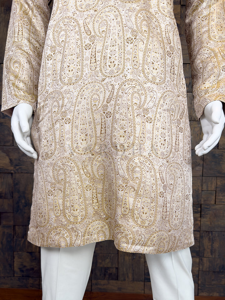 Light Beige Art Silk Jacquard Kurta with Woven Paisley Motifs