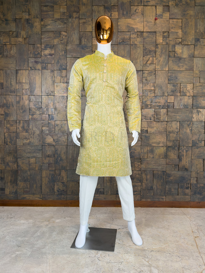 Lime Green Art Silk Jacquard Kurta with Woven Paisley Motifs