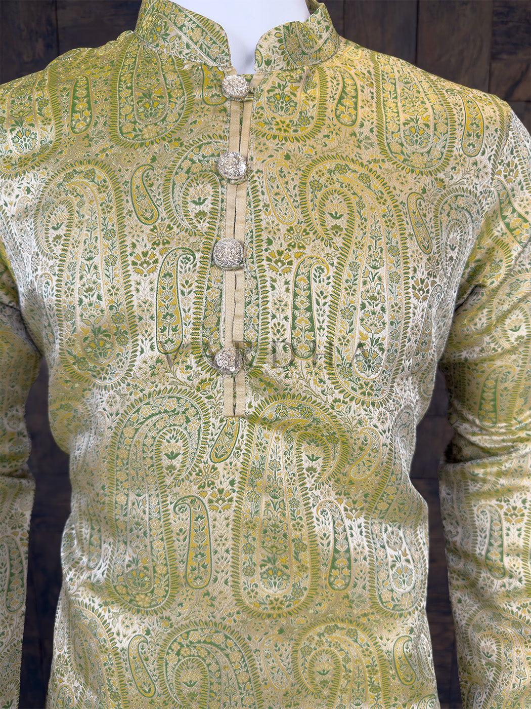 Lime Green Art Silk Jacquard Kurta with Woven Paisley Motifs