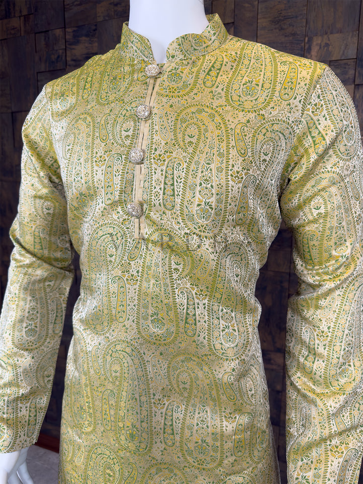 Lime Green Art Silk Jacquard Kurta with Woven Paisley Motifs