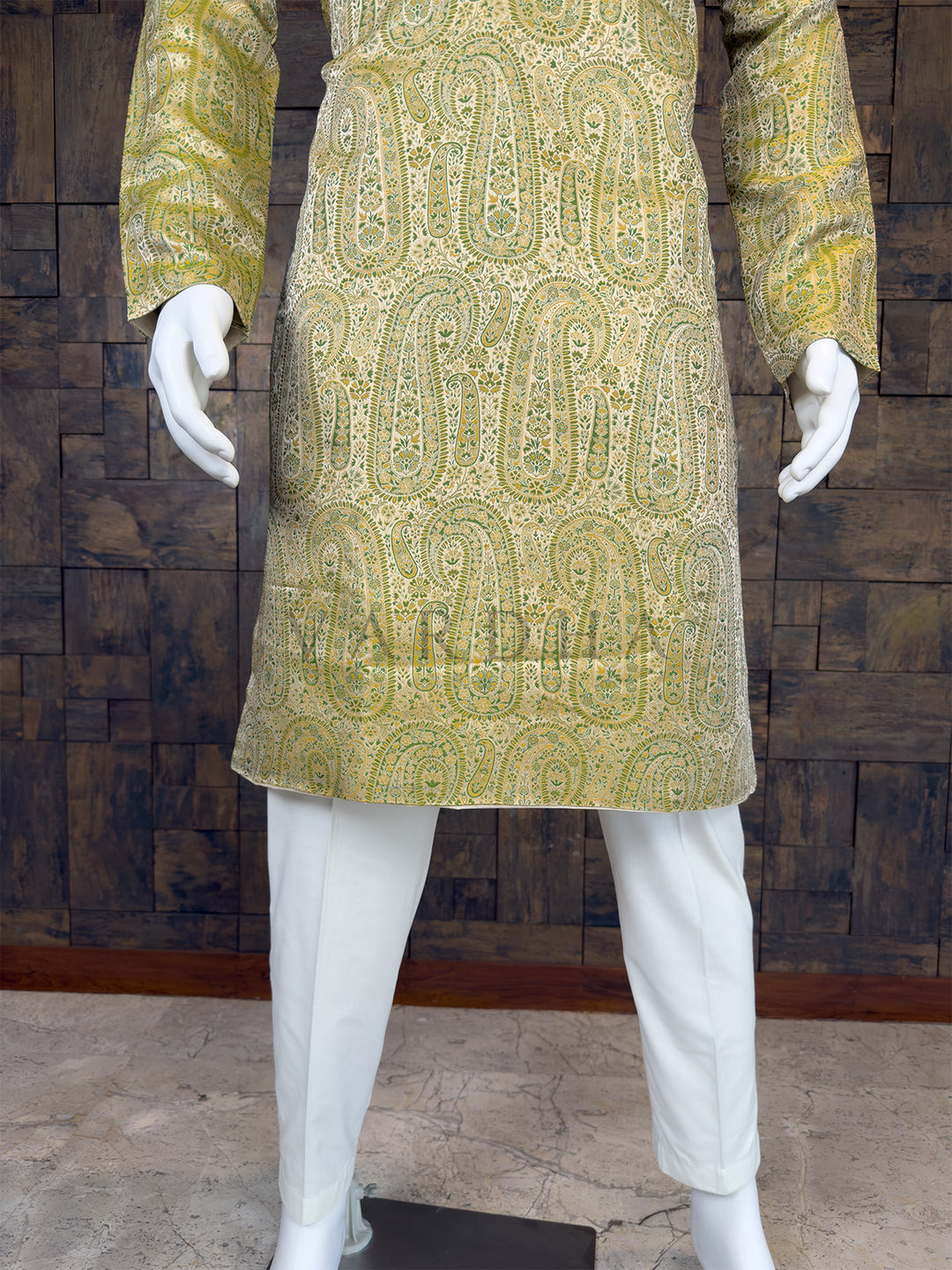 Lime Green Art Silk Jacquard Kurta with Woven Paisley Motifs