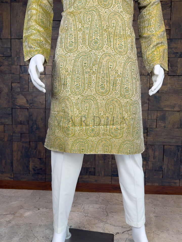 Lime Green Art Silk Jacquard Kurta with Woven Paisley Motifs