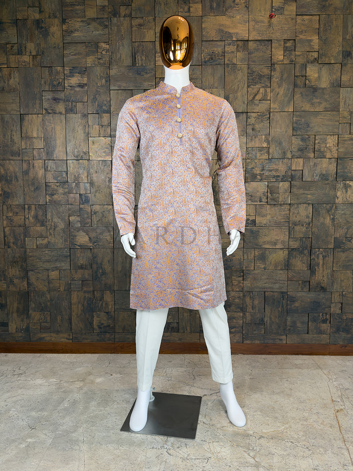Dual-Tone Lilac &amp; Gold Art Silk Jacquard Kurta with Woven Paisley