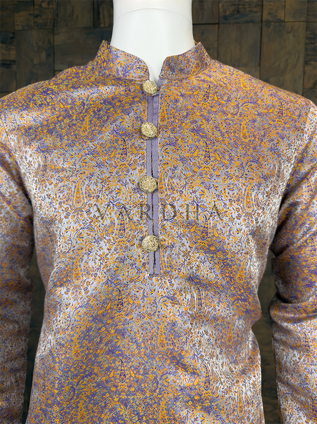Dual-Tone Lilac &amp; Gold Art Silk Jacquard Kurta with Woven Paisley