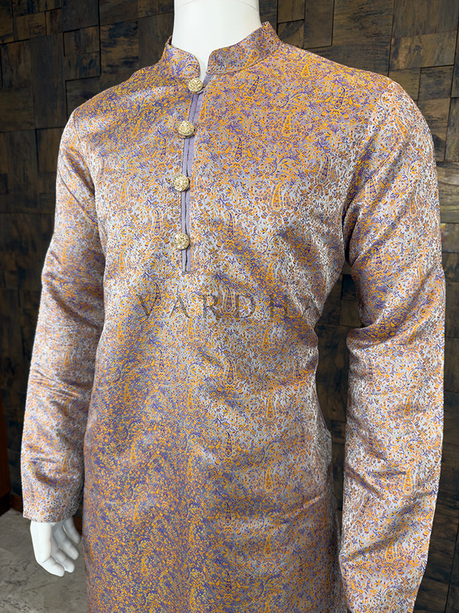 Dual-Tone Lilac &amp; Gold Art Silk Jacquard Kurta with Woven Paisley
