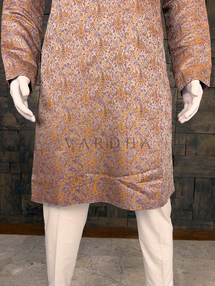 Dual-Tone Lilac &amp; Gold Art Silk Jacquard Kurta with Woven Paisley