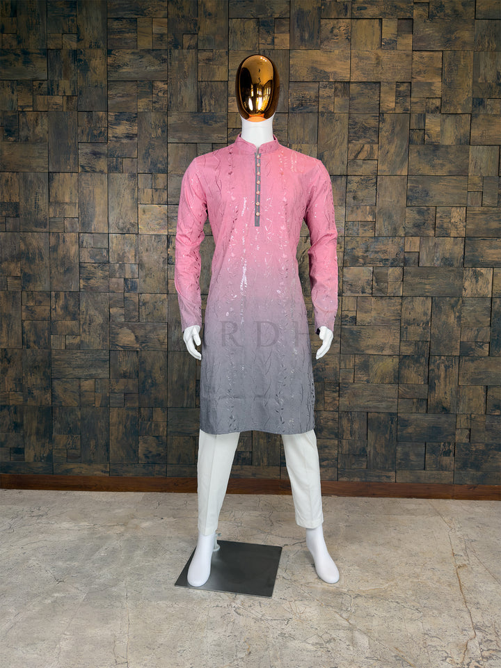 Dusty Pink Viscose Kurta with Vertical Vine &amp; Sequin Embroidery