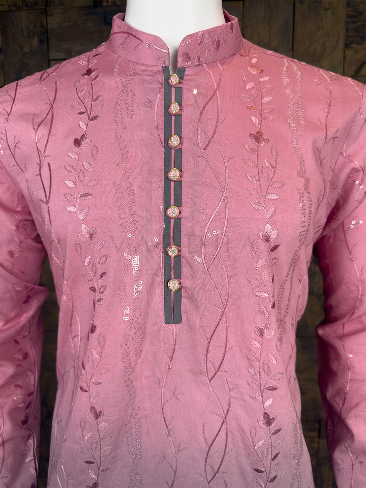 Dusty Pink Viscose Kurta with Vertical Vine &amp; Sequin Embroidery