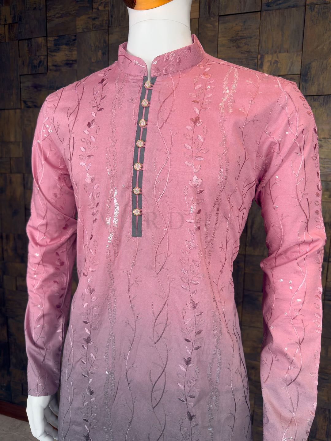 Dusty Pink Viscose Kurta with Vertical Vine &amp; Sequin Embroidery